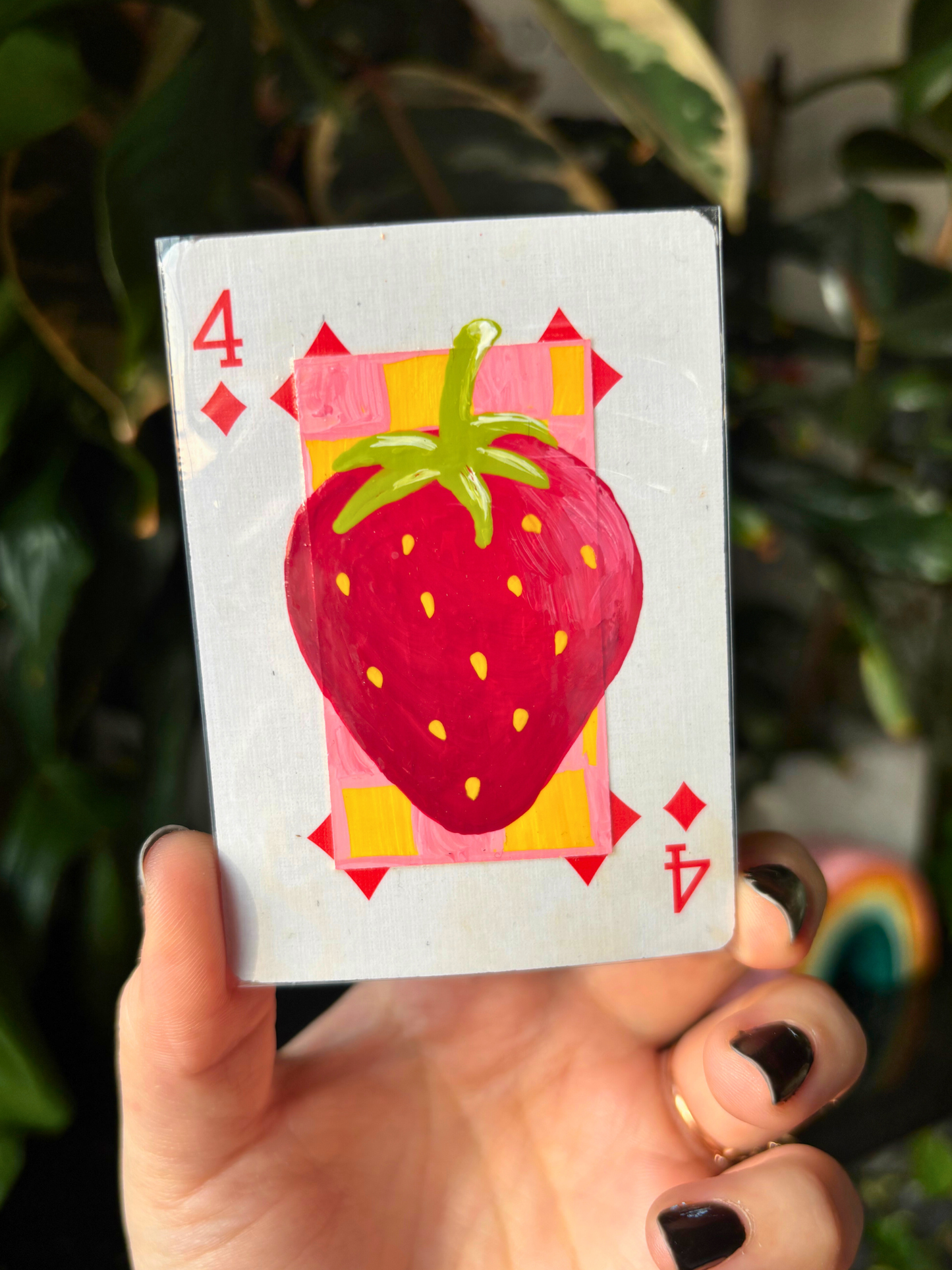 ACEO 2.5"x3.5" Original Painting - Playing Card Series (4 of diamonds strawberry)