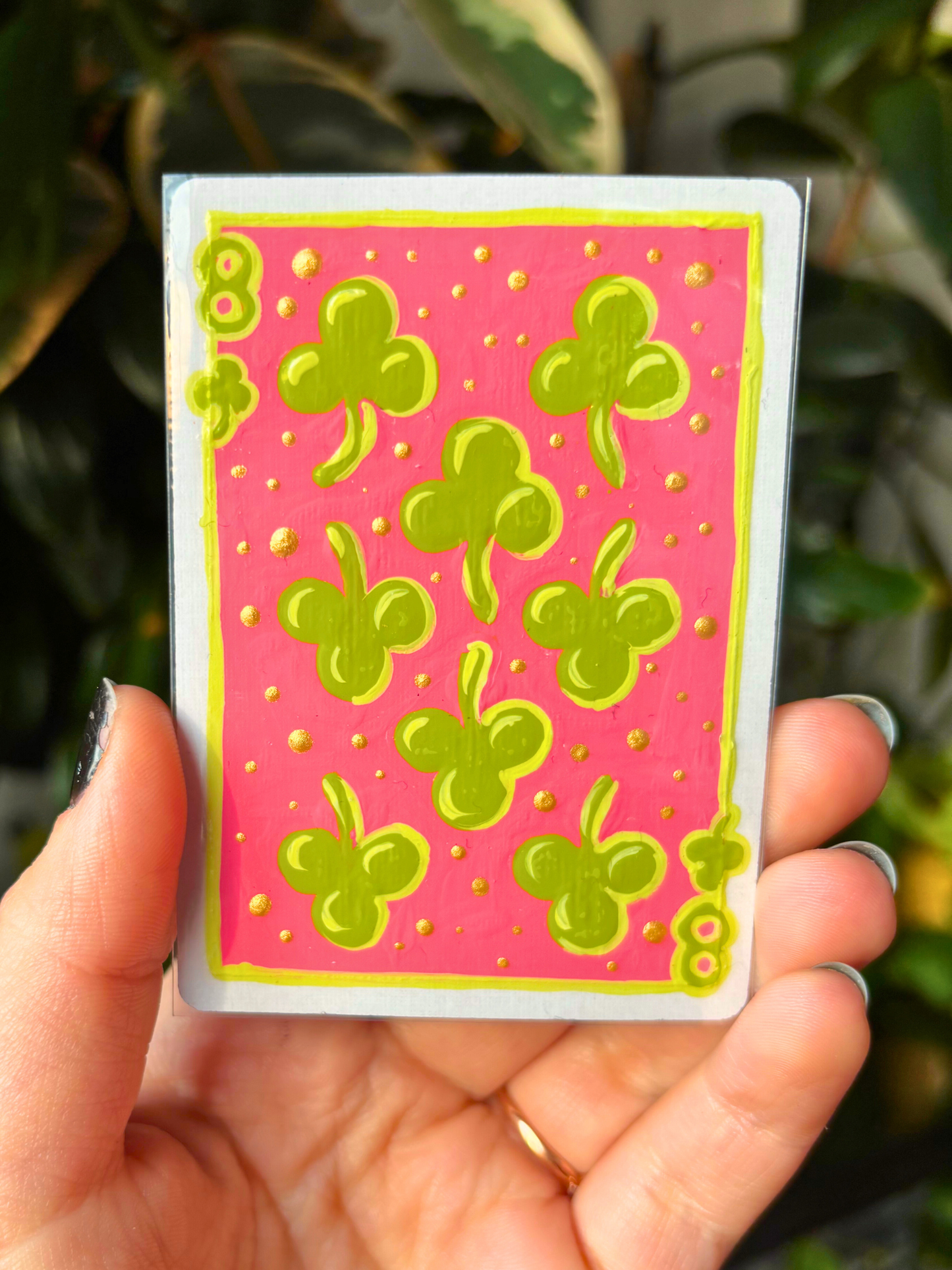 ACEO 2.5"x3.5" Original Painting - Playing Card Series (8 of Clubs) Clovers