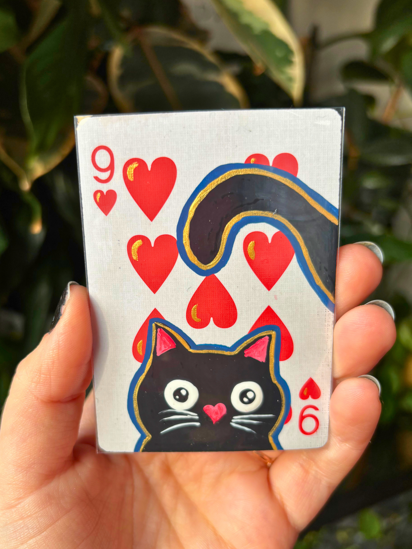 ACEO 2.5"x3.5" Original Painting - Playing Card Series (9 of hearts cat)