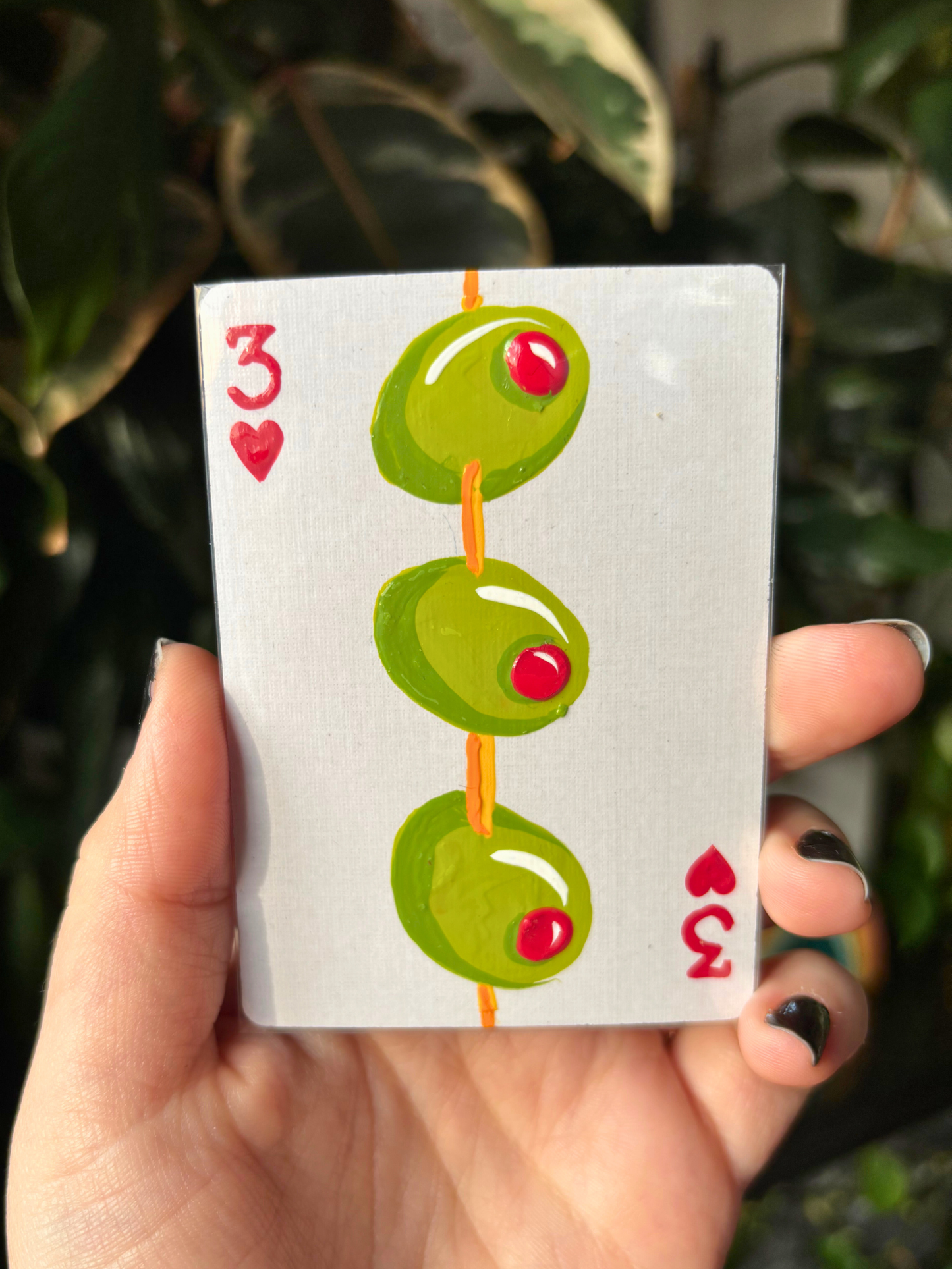 ACEO 2.5"x3.5" Original Painting - Playing Card Series (3 of hearts olives)