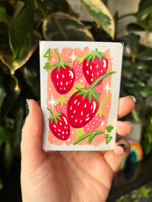 ACEO 2.5"x3.5" Original Painting - Playing Card Series (4 of clubs strawberry)