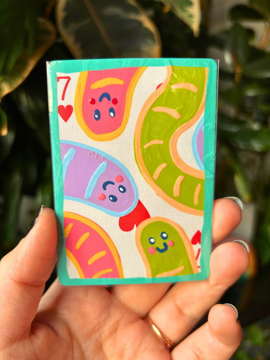ACEO 2.5"x3.5" Original Painting - Playing Card Series (7 of hearts worms)