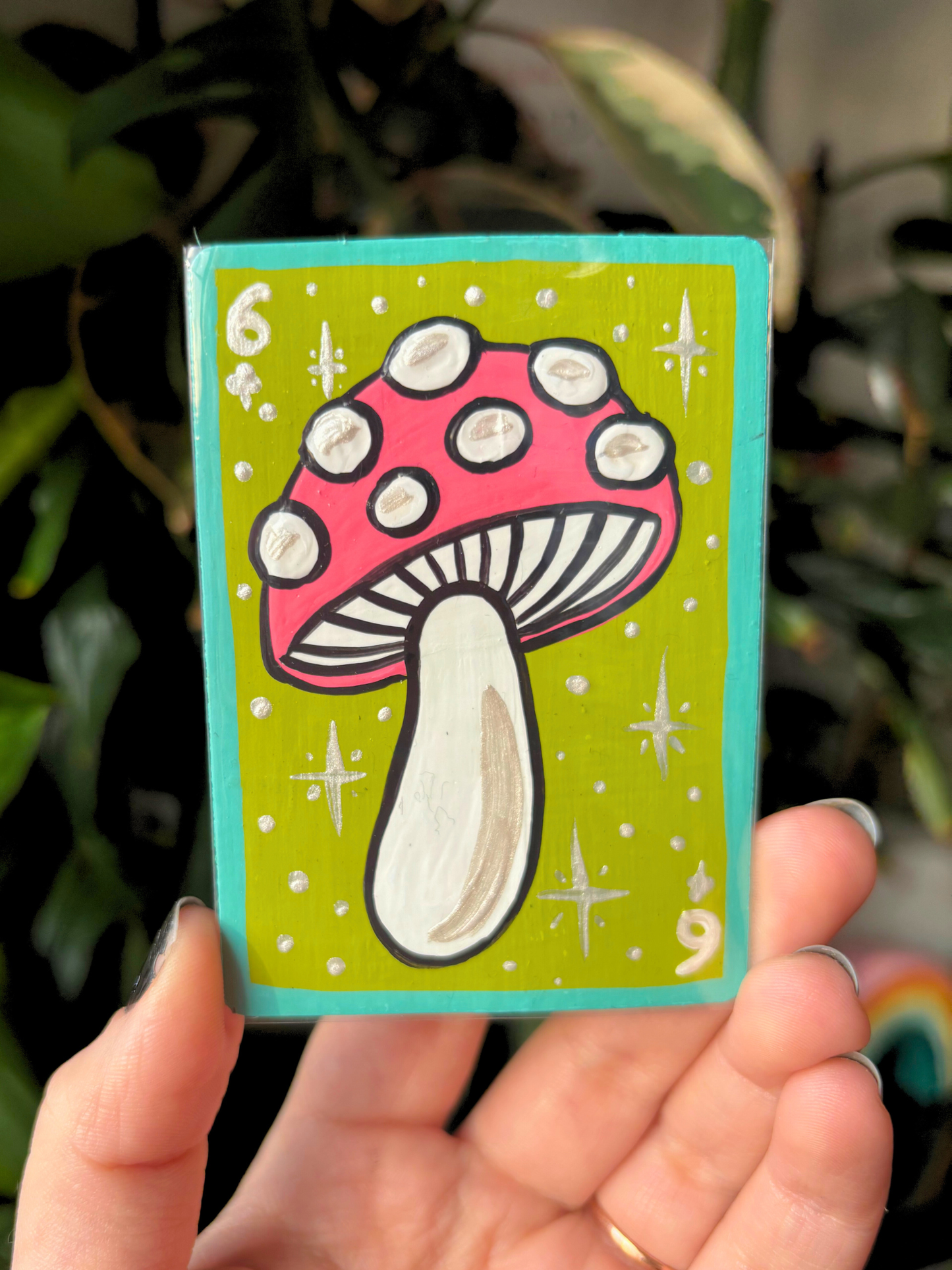 ACEO 2.5"x3.5" Original Painting - Playing Card Series (6 of clubs mushroom)