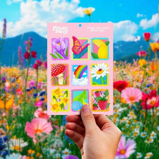 Postage Stamp Inspired Garden Design Sticker Sheet